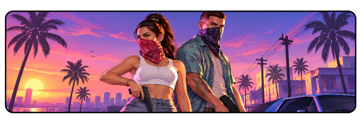 Two masked video game characters against a sunset cityscape, representing GTA VI.