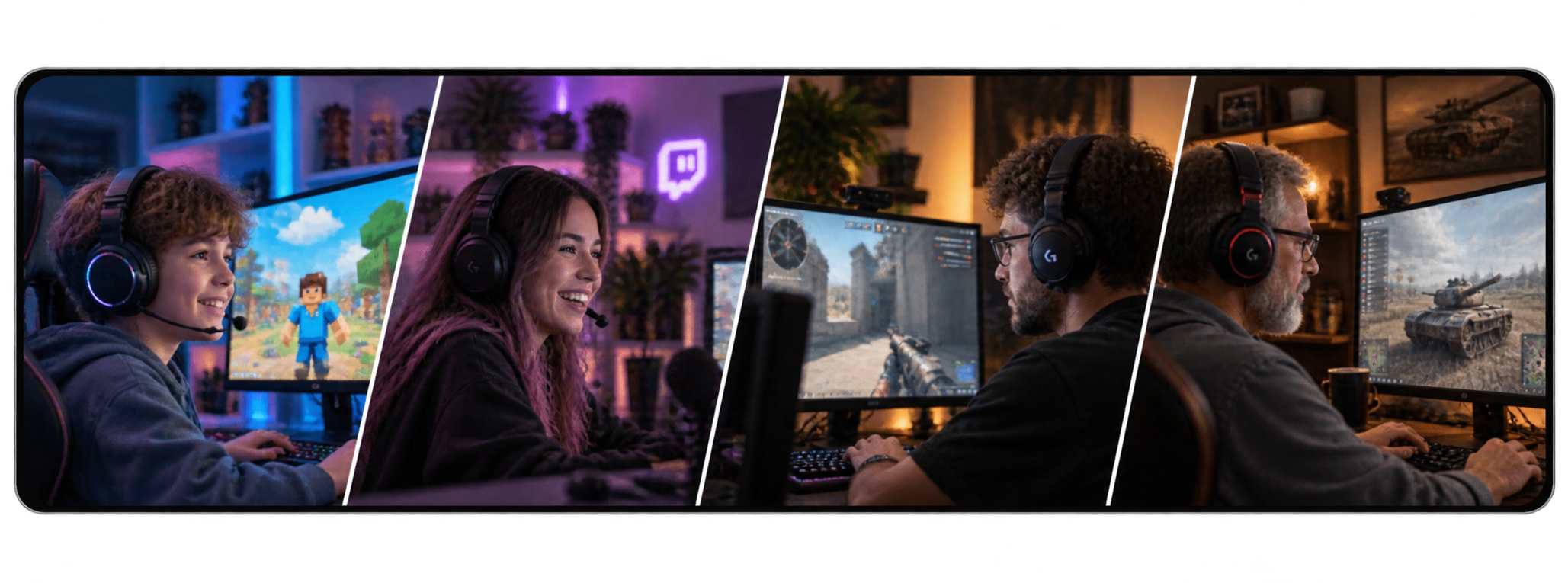 Four gaming creators of different ages playing games across distinct gaming communities.