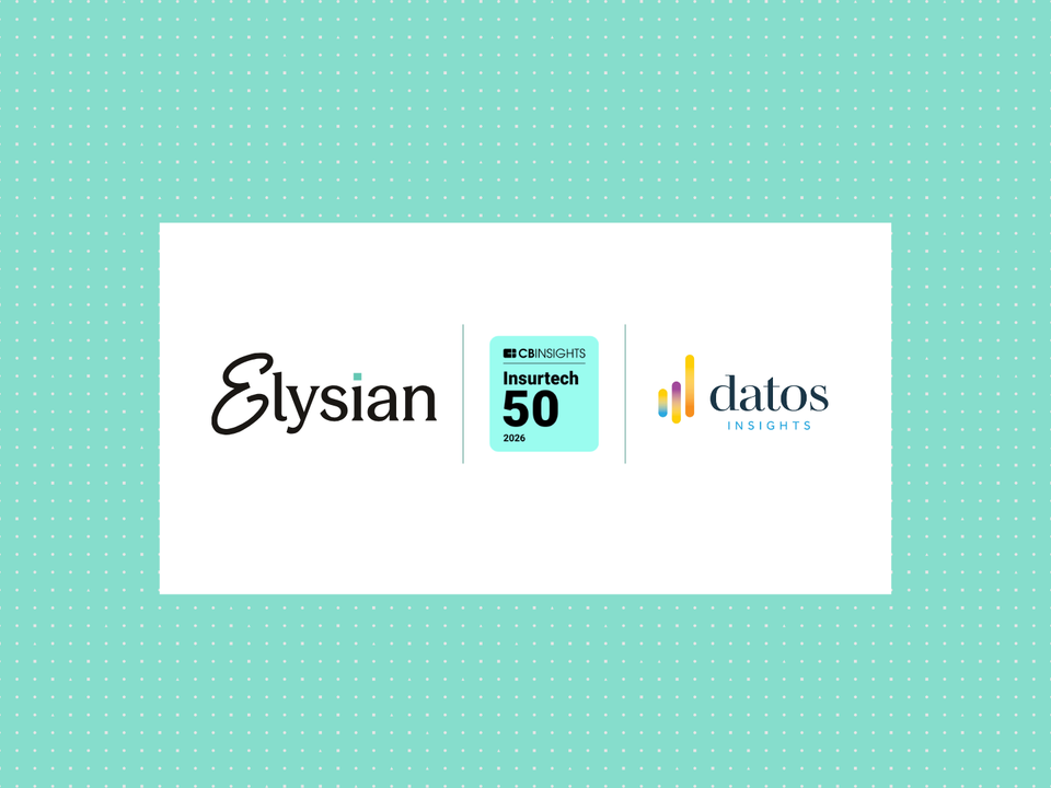 Elysian logo beside the CB Insights Insurtech 50 2026 badge and the Datos Insights logo