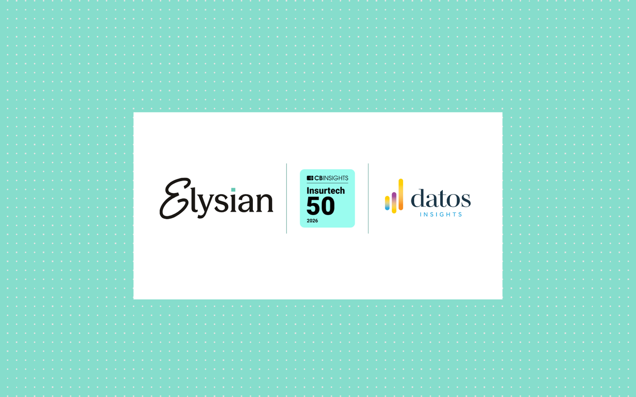 Elysian logo beside the CB Insights Insurtech 50 2026 badge and the Datos Insights logo