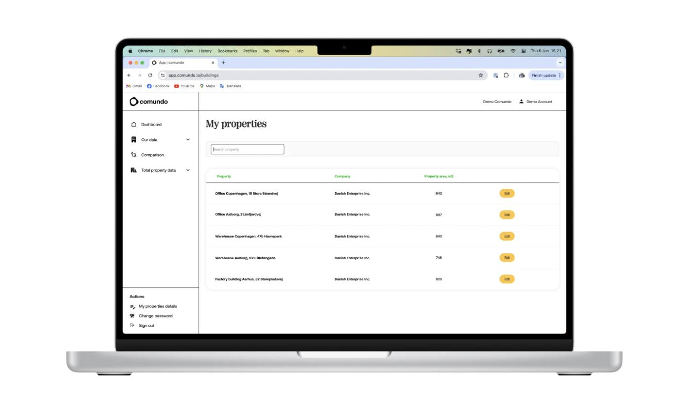 This image shows an open laptop which has the comundo platform on it. We can see the 'My properties' section