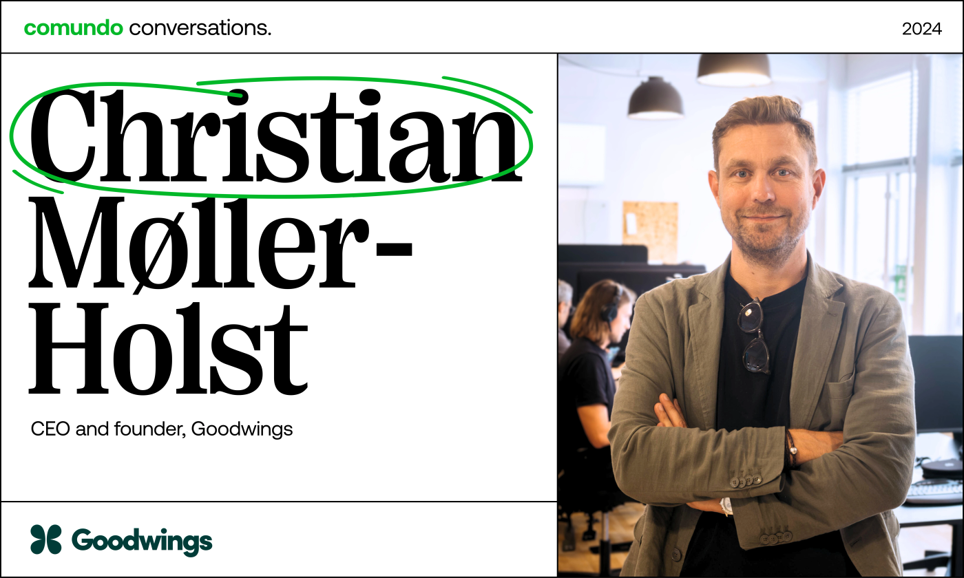 The main image for this comundo blog post features a headshot of Christian Møller-Holst, CEO of Goodwings. Alongside the headshot is his name in large print