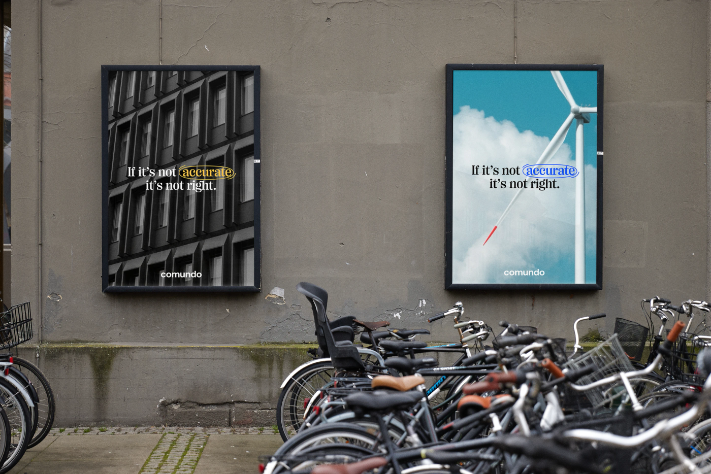 Two OOH posters showing comundo's new visual identity in action