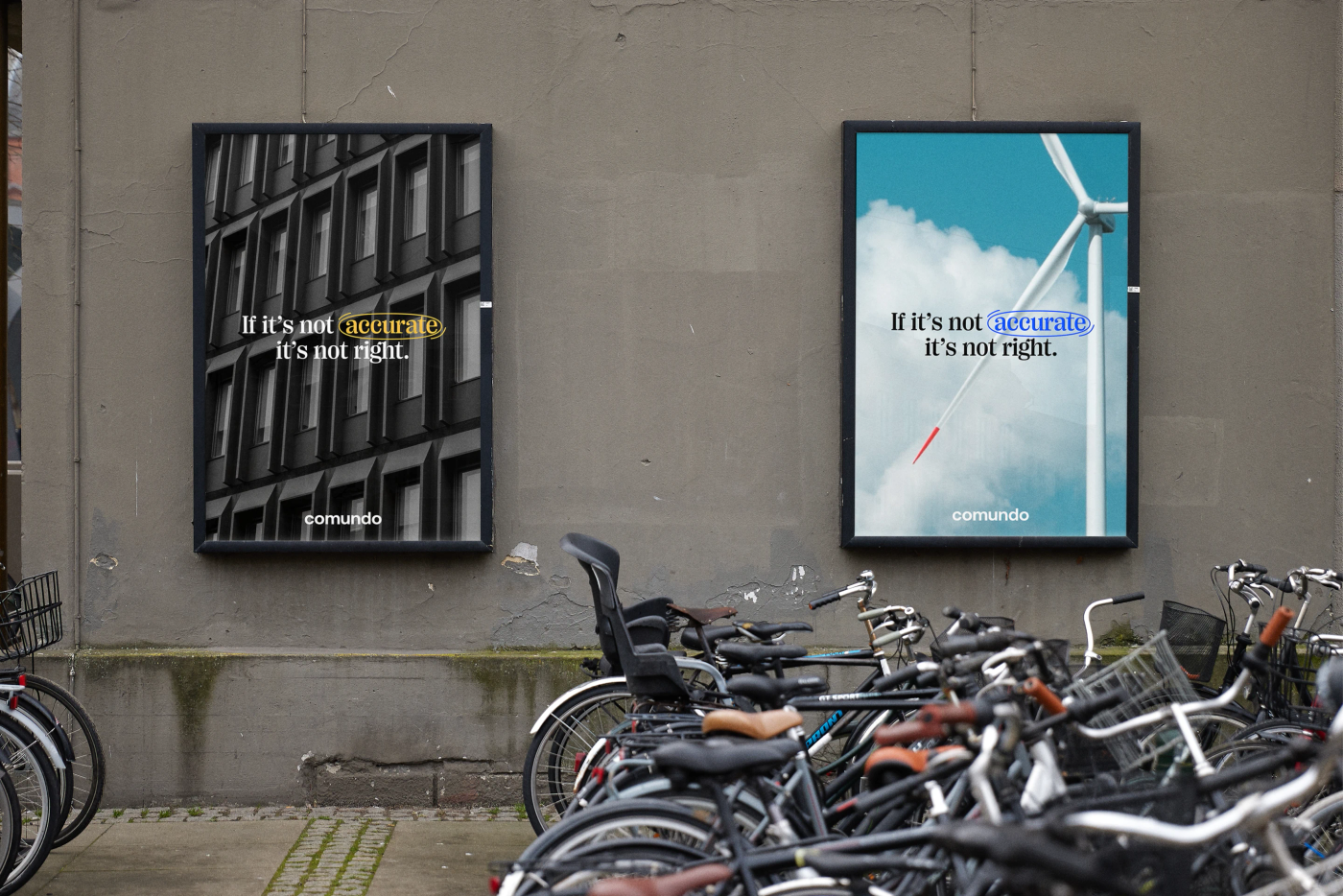 Two OOH posters showing comundo's new visual identity in action