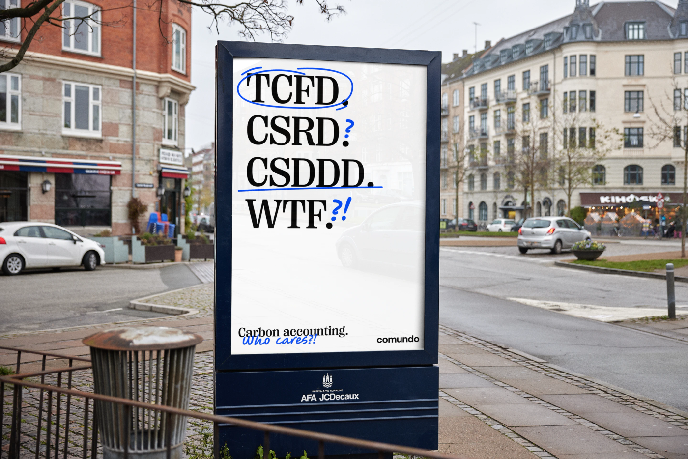 A mock-up OOH poster showing comundo's new VI in action