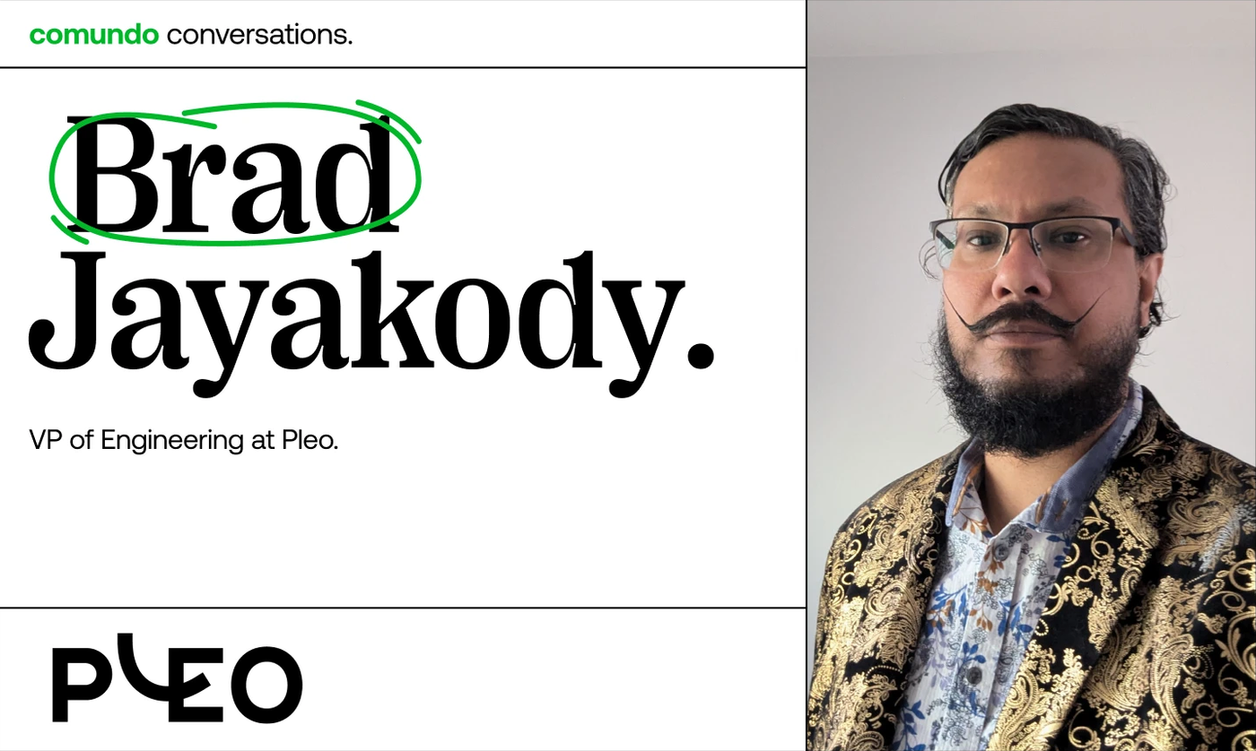 This comundo blog post main image shows a photo of the interviewee, Brad Jayakody, together with his name and the company logo of Pleo
