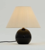 Table Lamp designed by Marie-Anne Derville, with a round wooden base and silk lampshades, photographed in the gallery