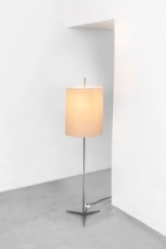 Model 396 Floor Lamp, featuring a thin base from metal with a lampshade in fabric