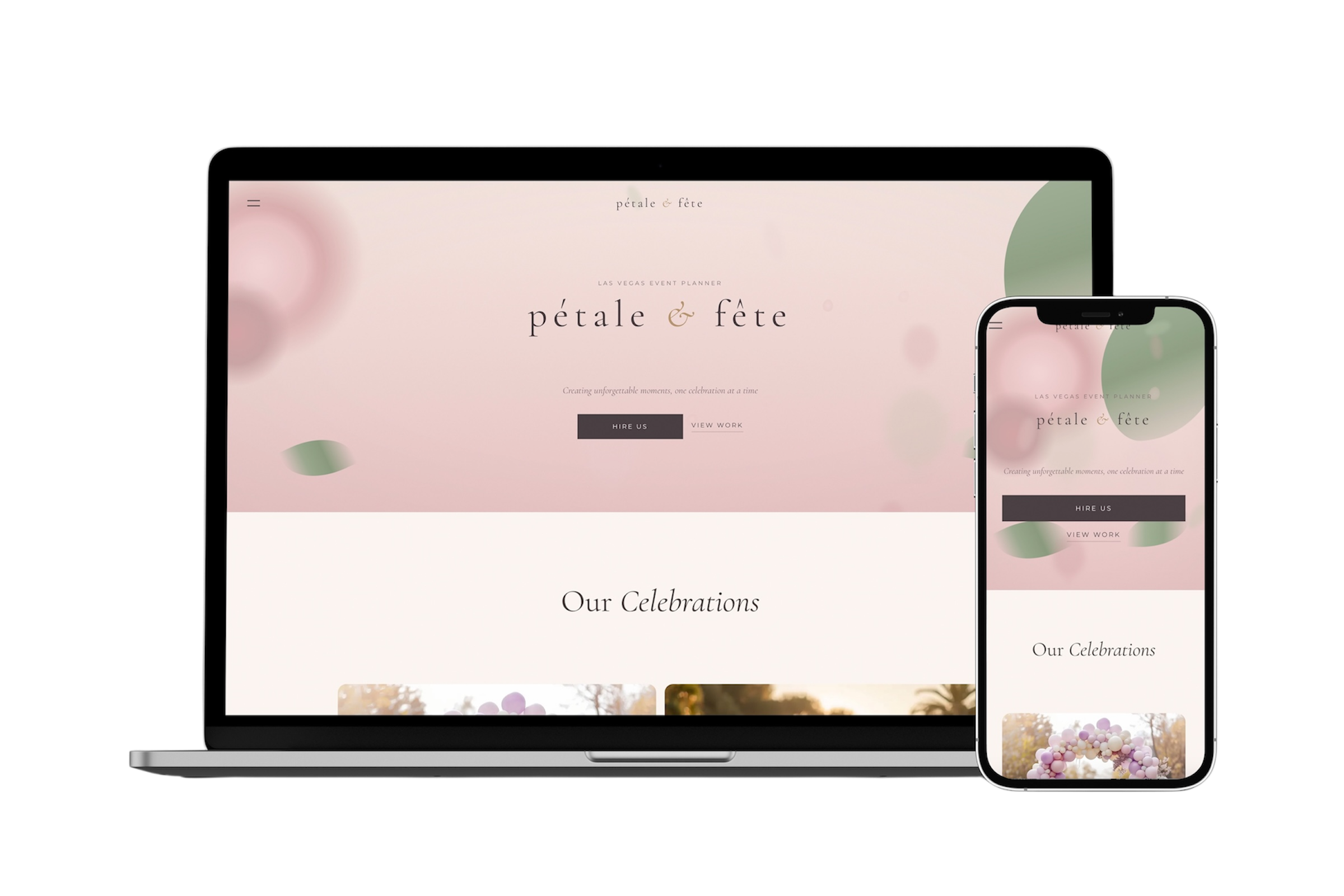 Pétale & Fête website — Las Vegas event planner concept built by Vizantir, desktop and mobile view