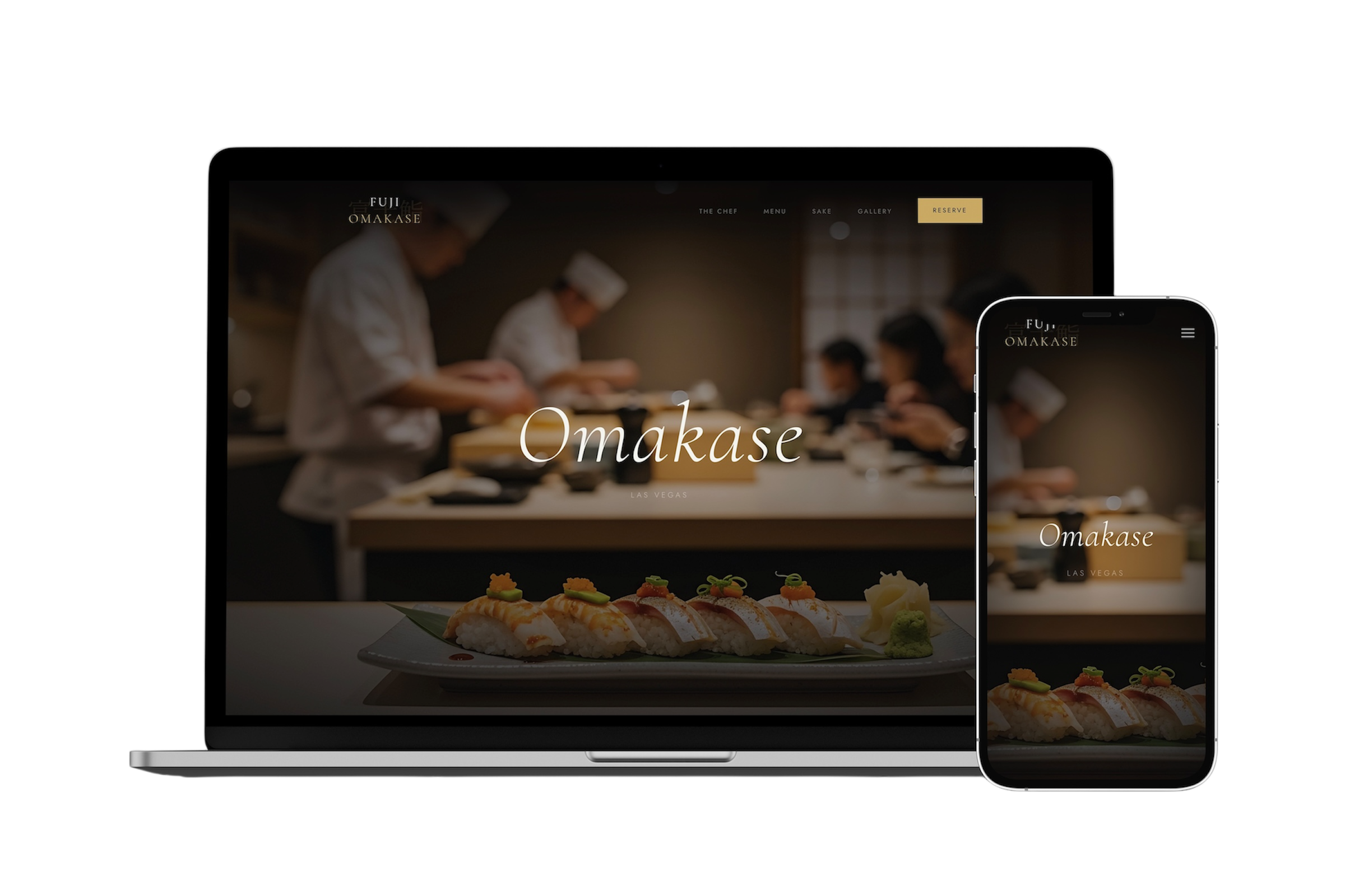 Fuji Omakase website — fine dining Las Vegas concept built by Vizantir, desktop and mobile view