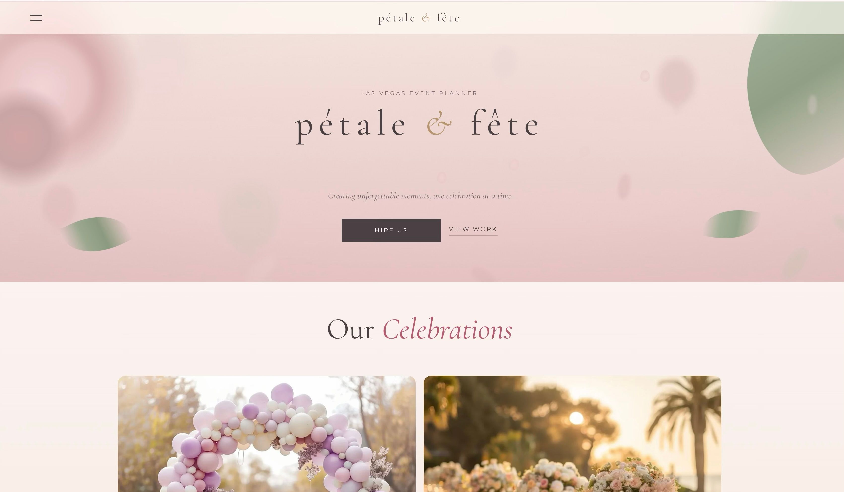 Pétale & Fête website — Las Vegas event planner concept built by Vizantir, desktop and mobile view