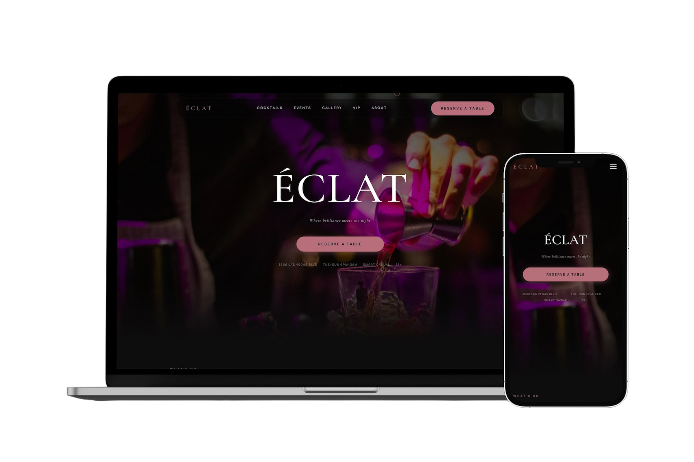 Éclat Lounge website — premium Las Vegas cocktail lounge concept built by Vizantir, desktop and mobile view