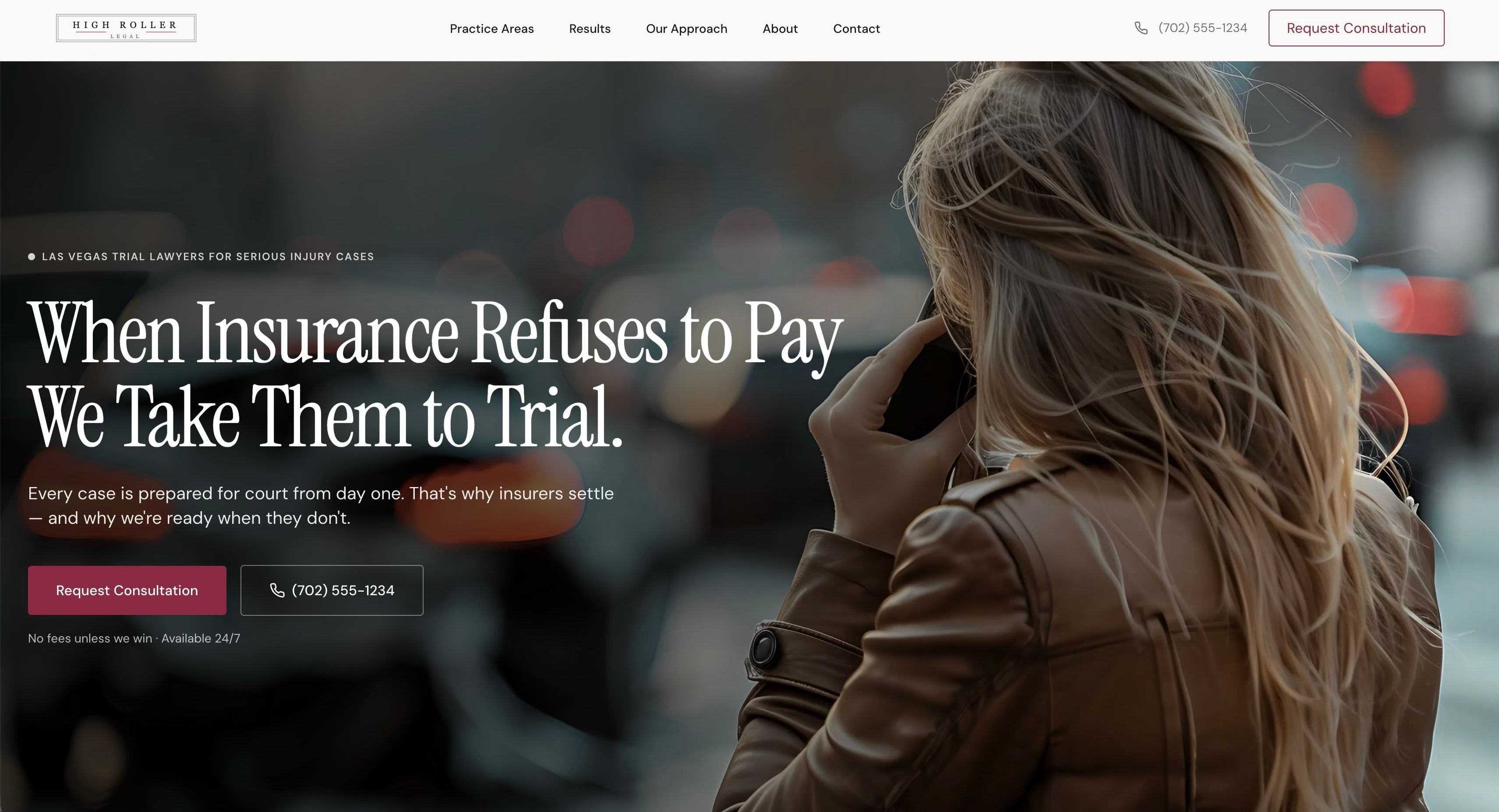 High Roller Legal website — personal injury law firm Las Vegas concept built by Vizantir, desktop and mobile view