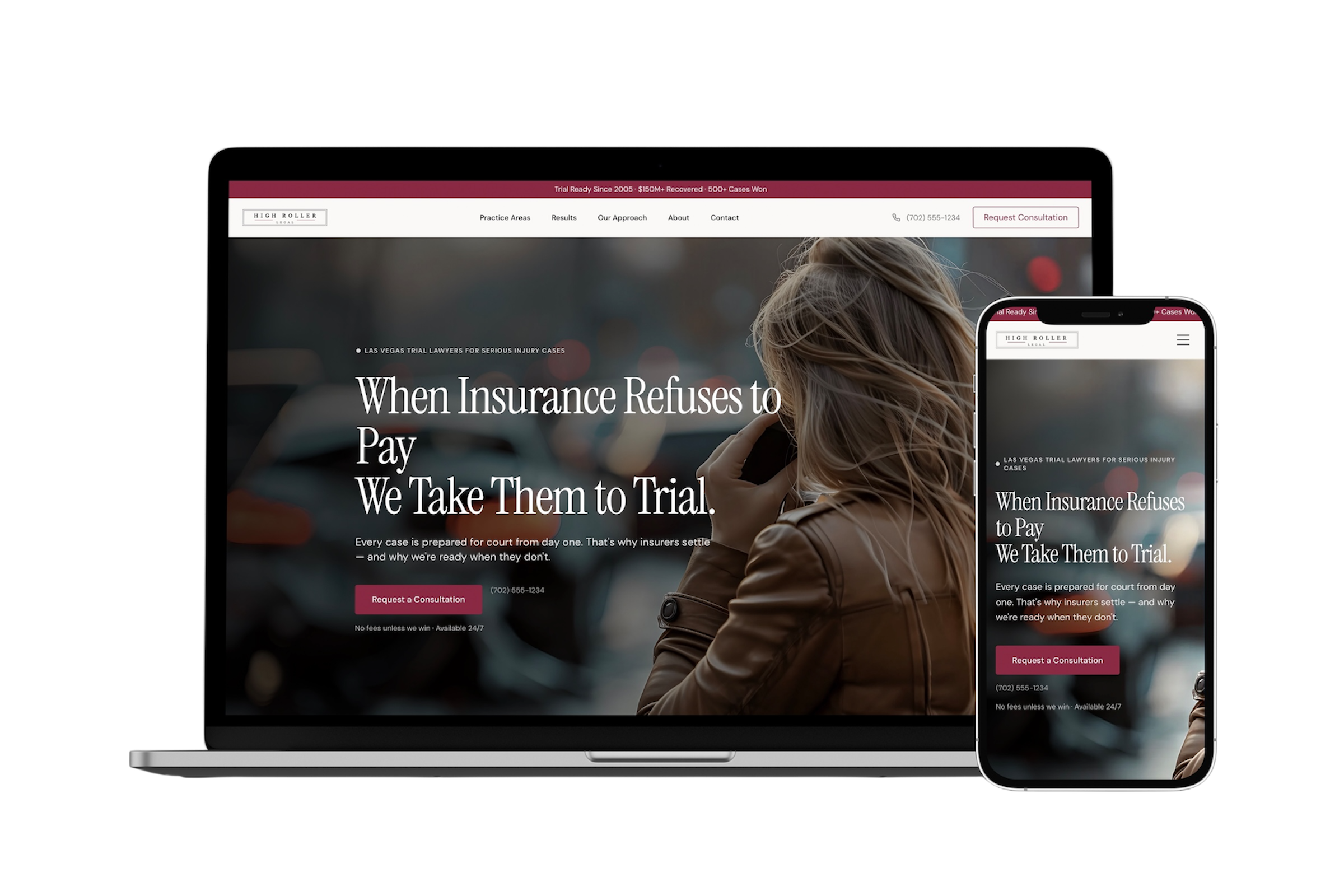 High Roller Legal website — personal injury law firm Las Vegas concept built by Vizantir, desktop and mobile view
