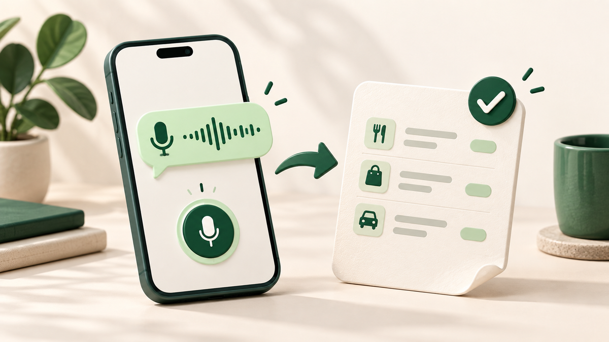 Ilustração de mensagem de voz em um celular sendo transformada em um registro de despesa.