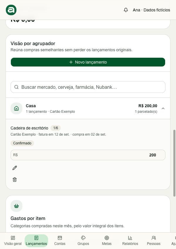 Tela de lançamentos do Alfrecash com o agrupador Casa aberto, a compra Cadeira de escritório, a parcela 1/6 e o valor de R$ 200.