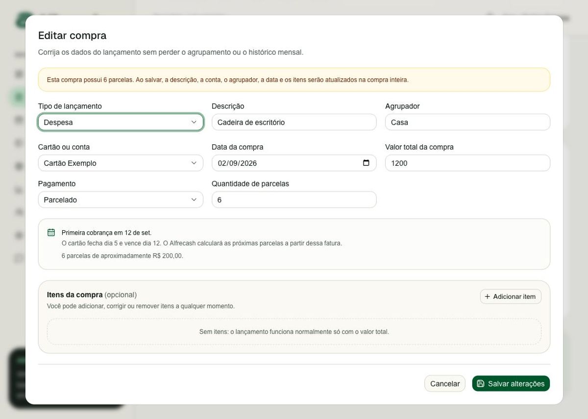 Formulário Editar compra do Alfrecash com cadeira de escritório, valor total de 1200, pagamento parcelado, seis parcelas e primeira cobrança em 12 de setembro.
