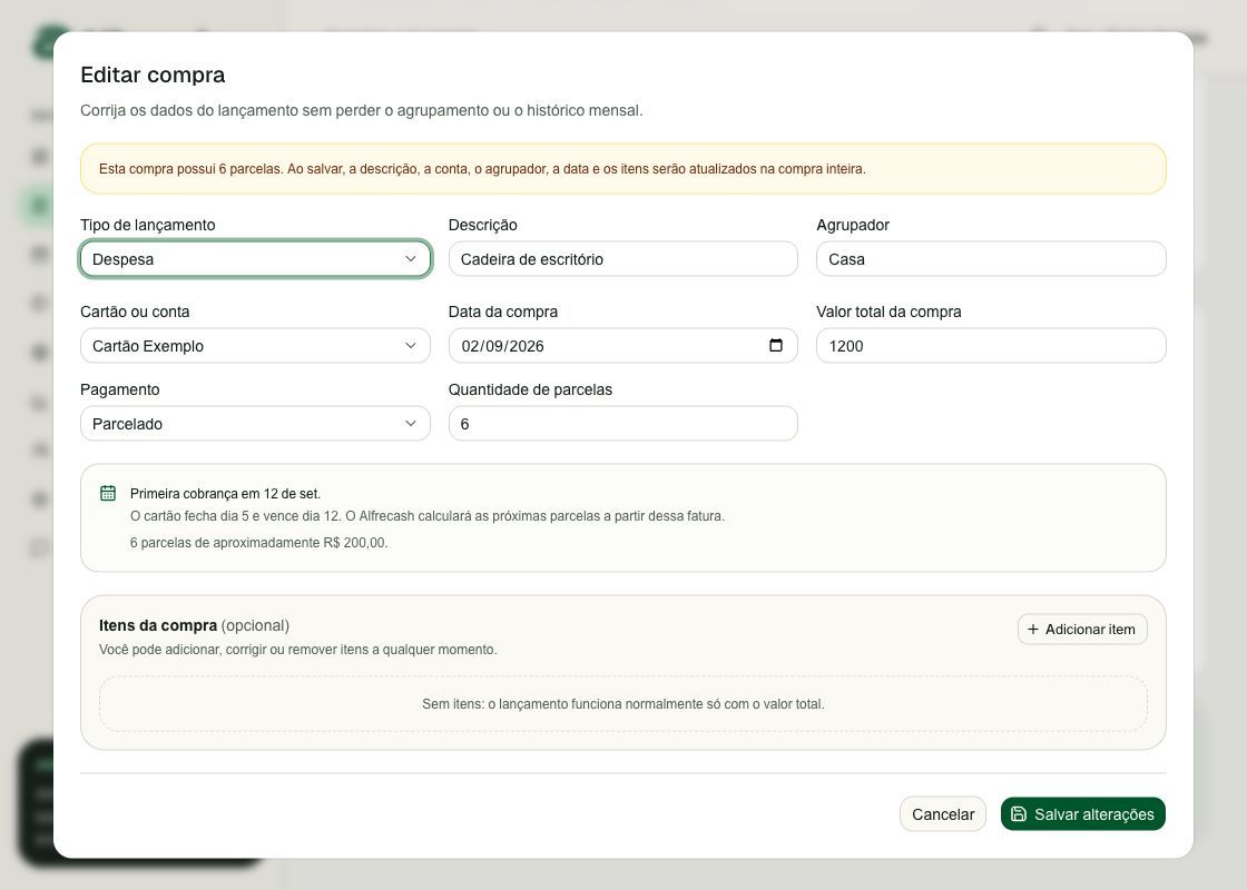 Formulário Editar compra do Alfrecash com cadeira de escritório, valor total de 1200, pagamento parcelado, seis parcelas e primeira cobrança em 12 de setembro.