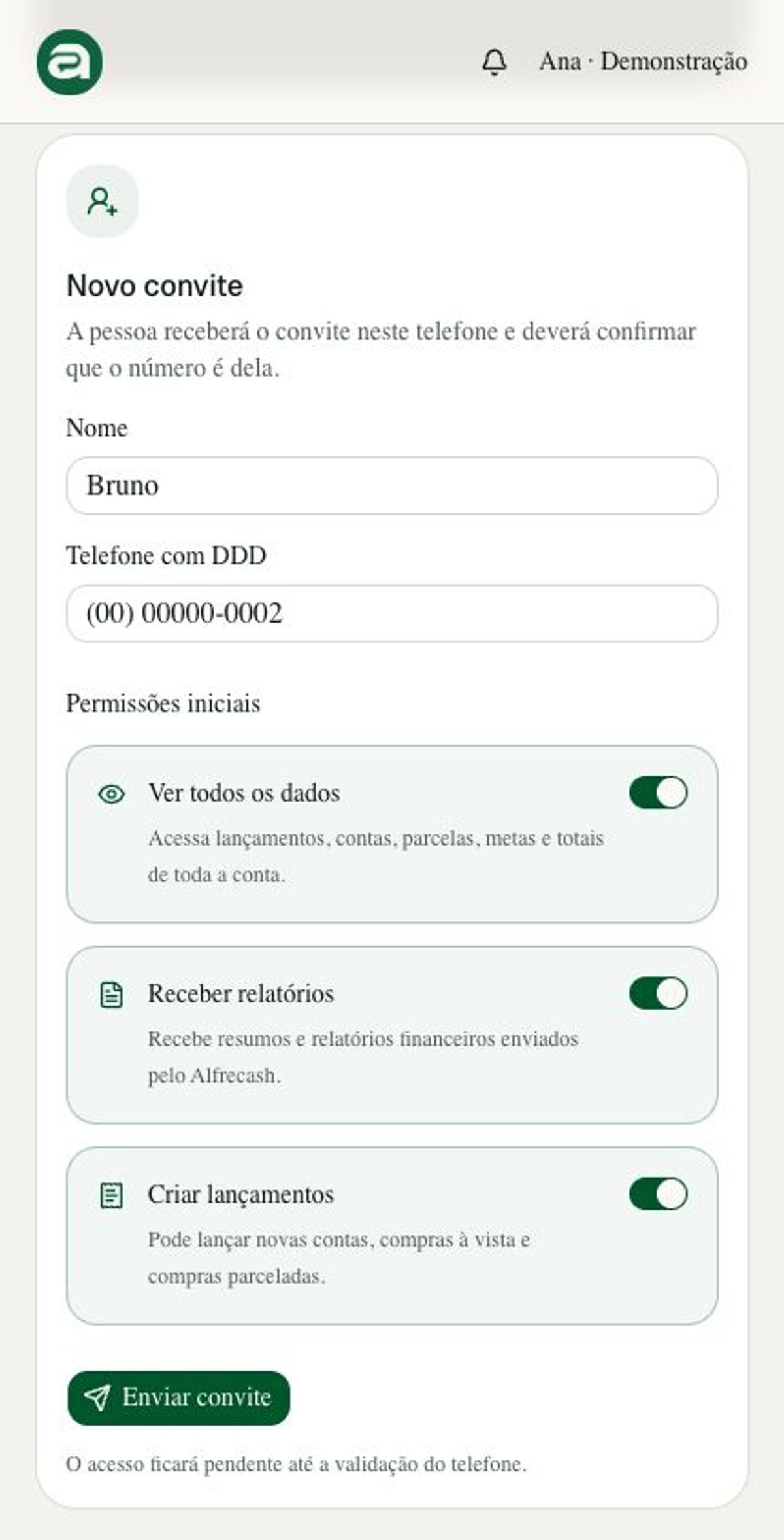 Formulário de convite do Alfrecash com o nome fictício Bruno e as permissões Ver todos os dados, Receber relatórios e Criar lançamentos ativadas.