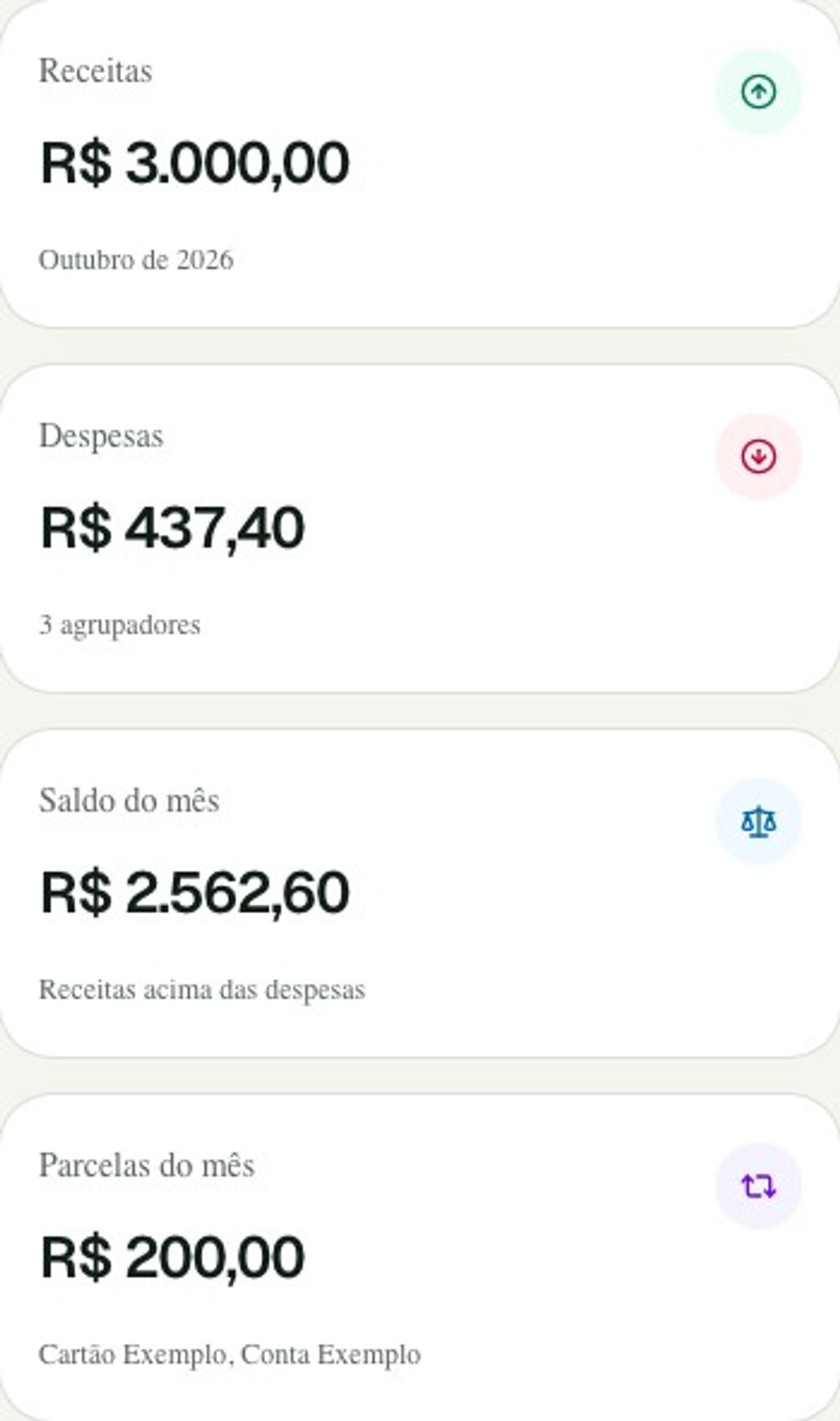 Resumo financeiro real do Alfrecash com receitas de R$ 3.000, despesas de R$ 437,40, saldo de R$ 2.562,60 e parcelas de R$ 200 em outubro de 2026.