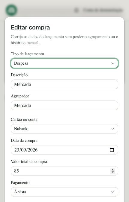 Recorte da tela Editar compra do Alfrecash com despesa fictícia de R$ 85, conta Nubank, agrupador Mercado e data 23/09/2026.