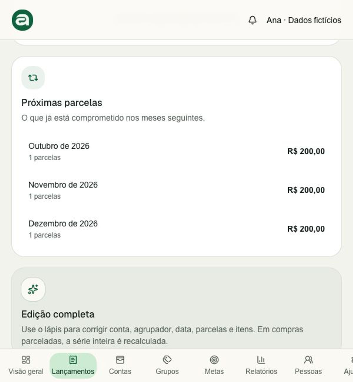 Quadro Próximas parcelas do Alfrecash mostrando outubro, novembro e dezembro de 2026, cada um com uma parcela de R$ 200.