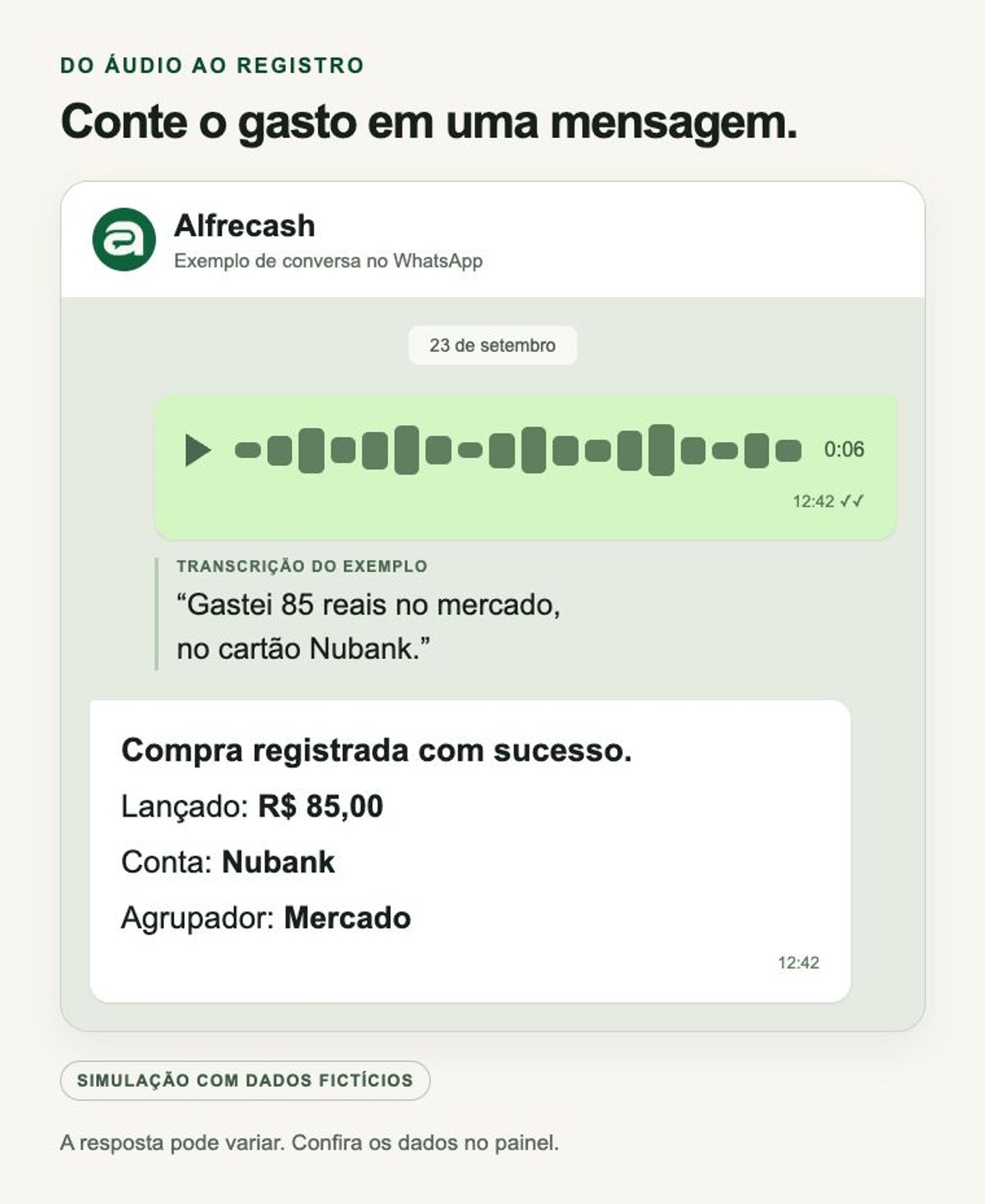 Simulação de áudio informando um gasto de R$ 85 no mercado e resposta com conta Nubank e agrupador Mercado.