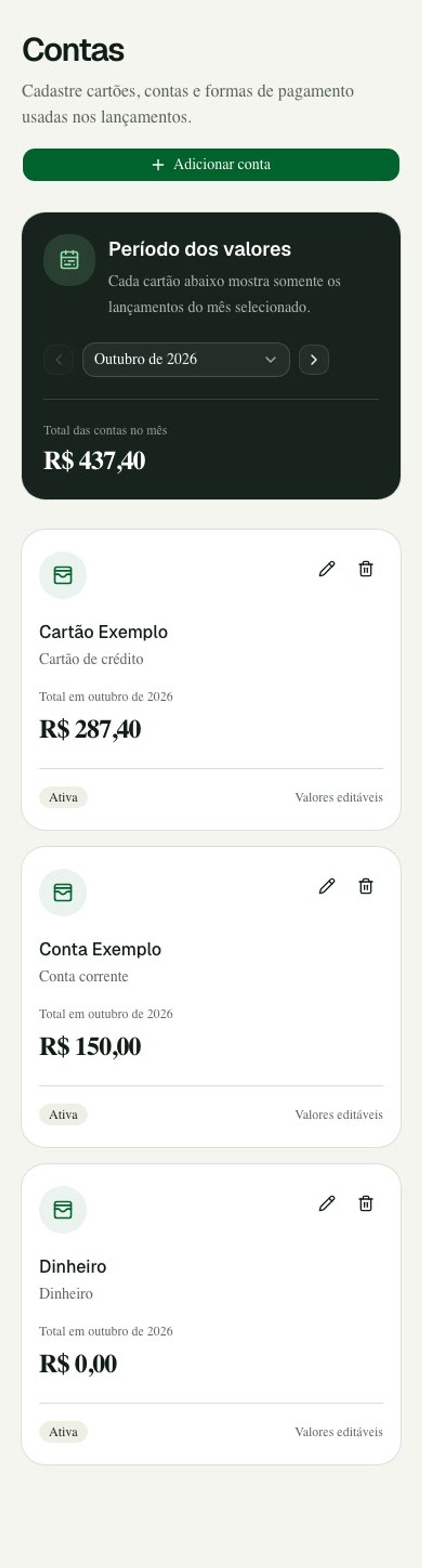 Tela real de Contas do Alfrecash com Cartão Exemplo, Conta Exemplo e Dinheiro cadastrados para a demonstração.