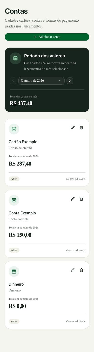 Tela real de Contas do Alfrecash com Cartão Exemplo, Conta Exemplo e Dinheiro cadastrados para a demonstração.