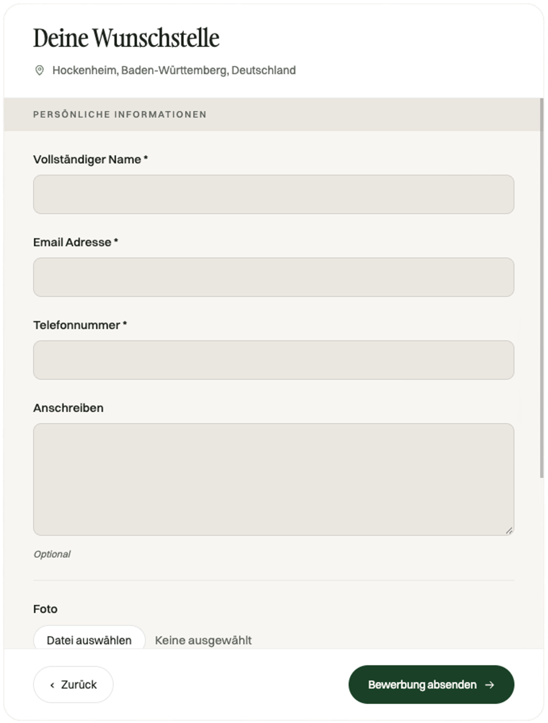 Das Bewerbungsformular auf der Website