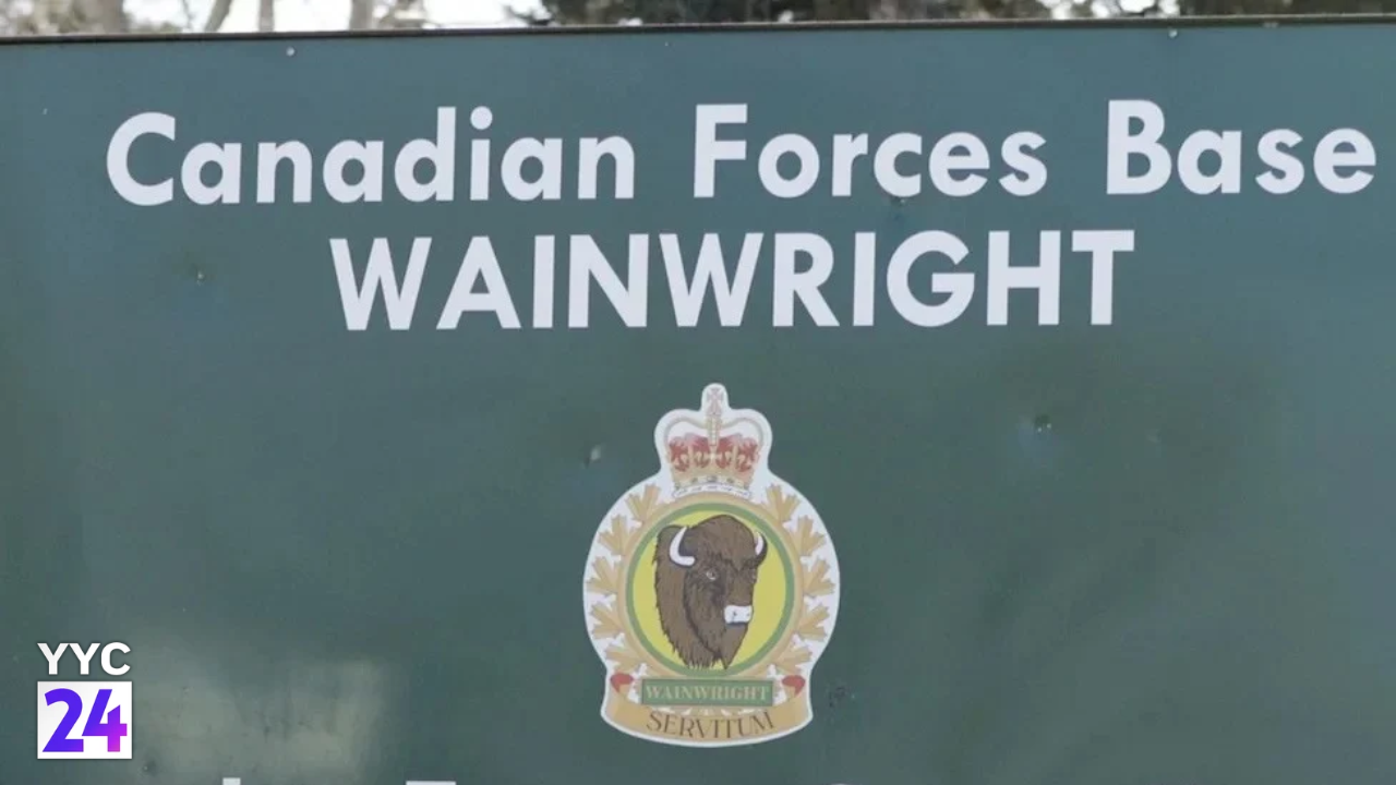 File photograph showing the Canadian Forces Base Wainwright entrance sign and crest, branded YYC24. Not an image of the October 17 fire.