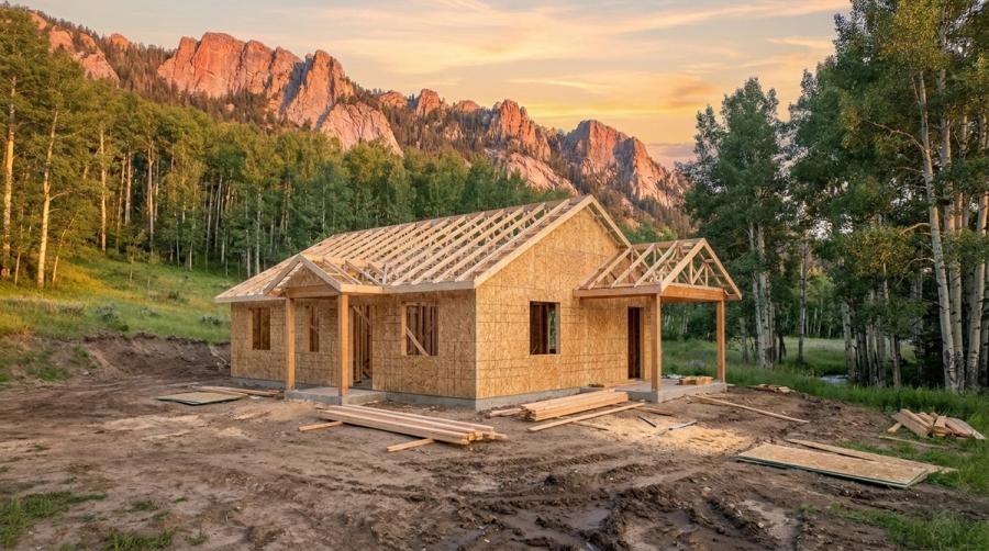Framing stage: the kit sheathed, before siding and roofing