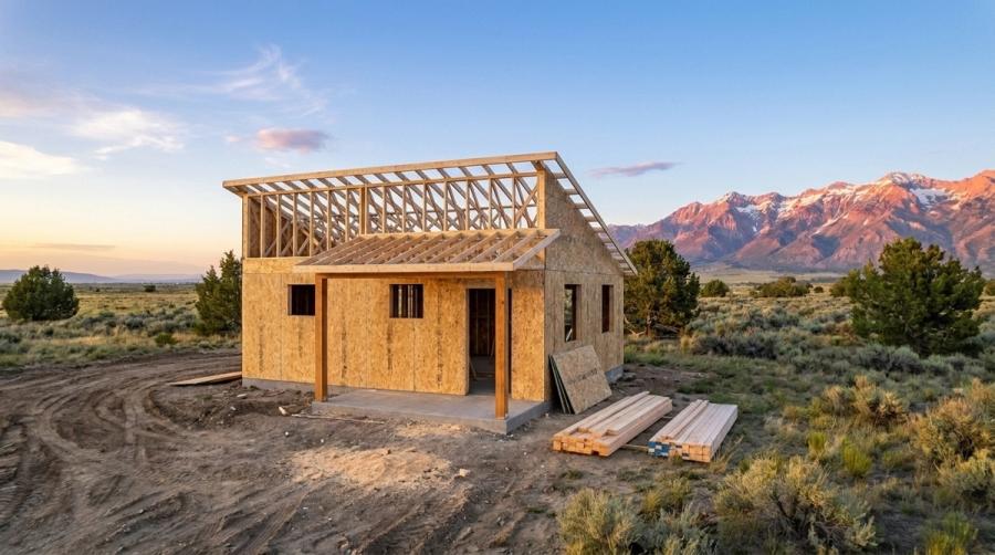 Framing stage: the kit sheathed, before siding and roofing