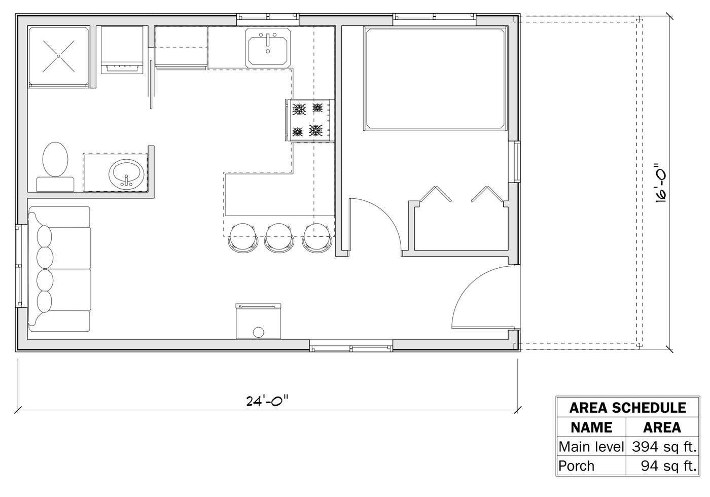 Mountain Den floor plan, 24 × 16 ft