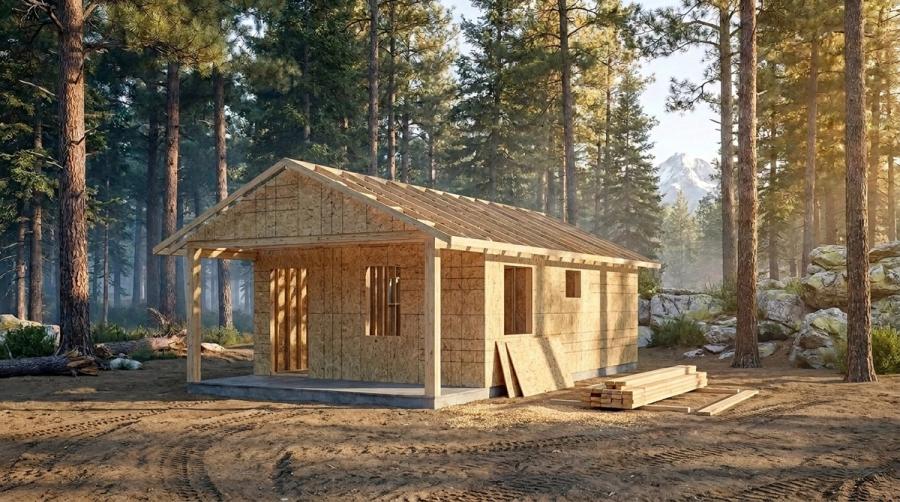 Framing stage: the kit sheathed, before siding and roofing
