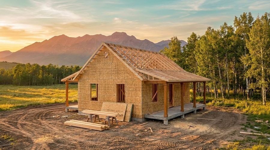 Framing stage: the kit sheathed, before siding and roofing