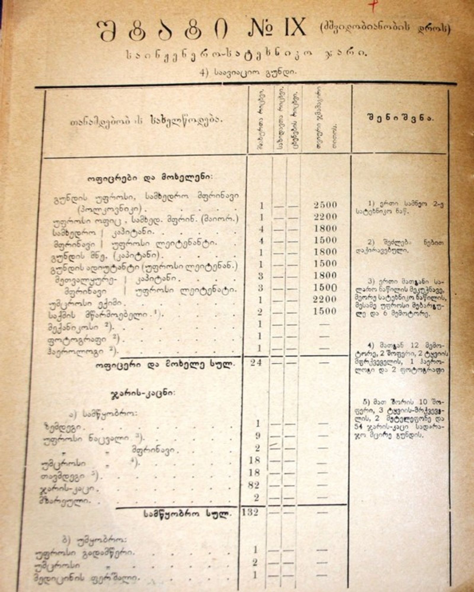 1919 წლის საავციაციო რაზმის შტატი