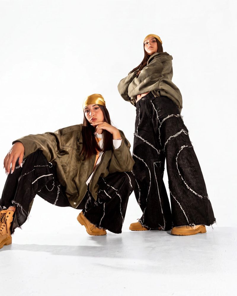 Due allieve di hip hop in posa, con abbigliamento streetwear