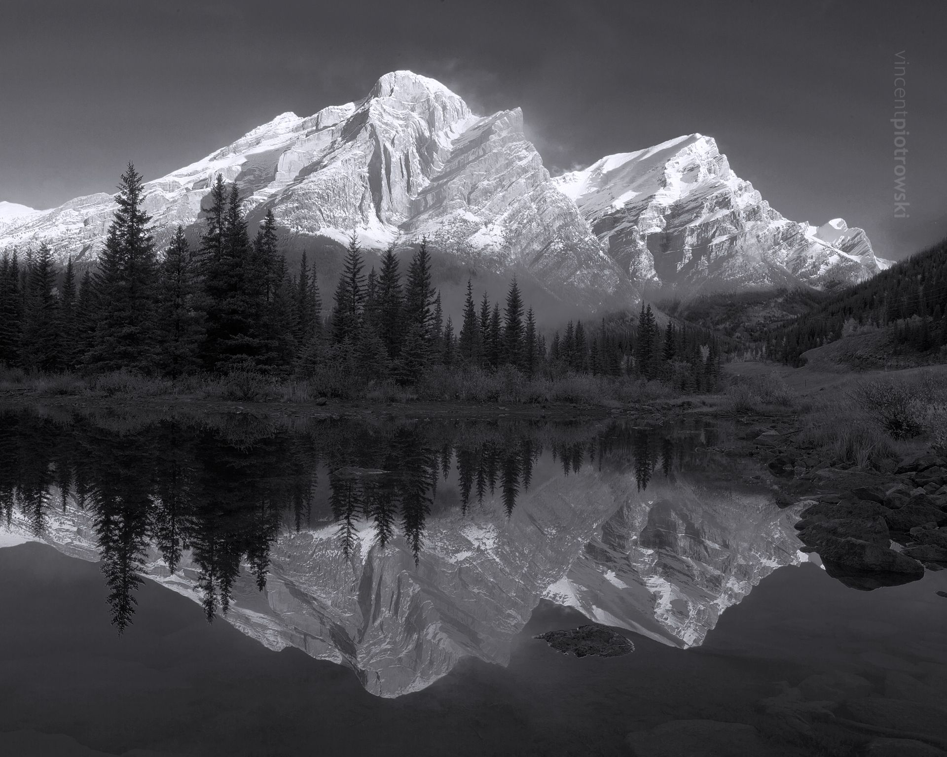 A black and white photo of Mt Kidd in Kananaskis Country Alberta