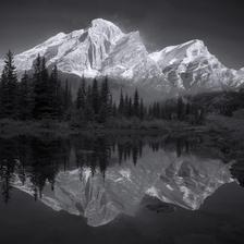 A black and white photo of Mt Kidd in Kananaskis Country Alberta