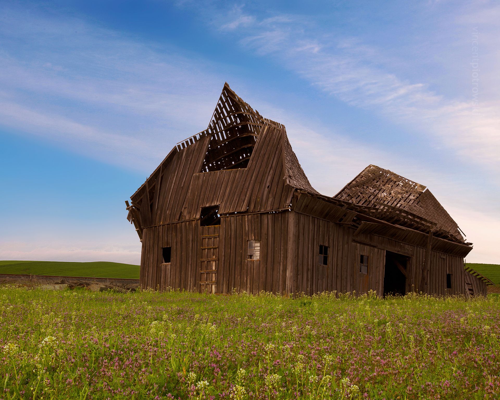 A barn in a horseshoe shape because of it's collapsed roof