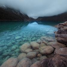 Lake Louise socked in by clouds and fog
