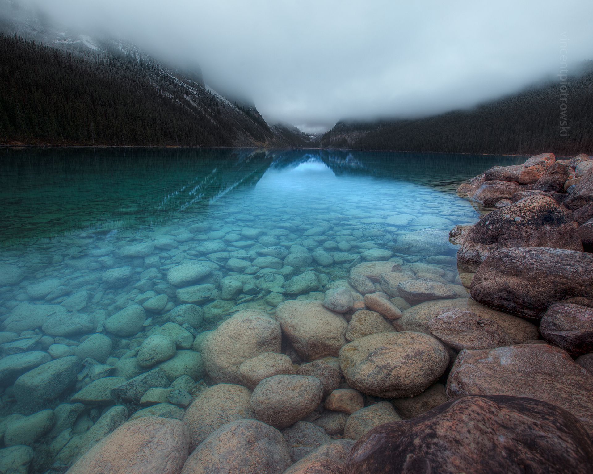 Lake Louise socked in by clouds and fog