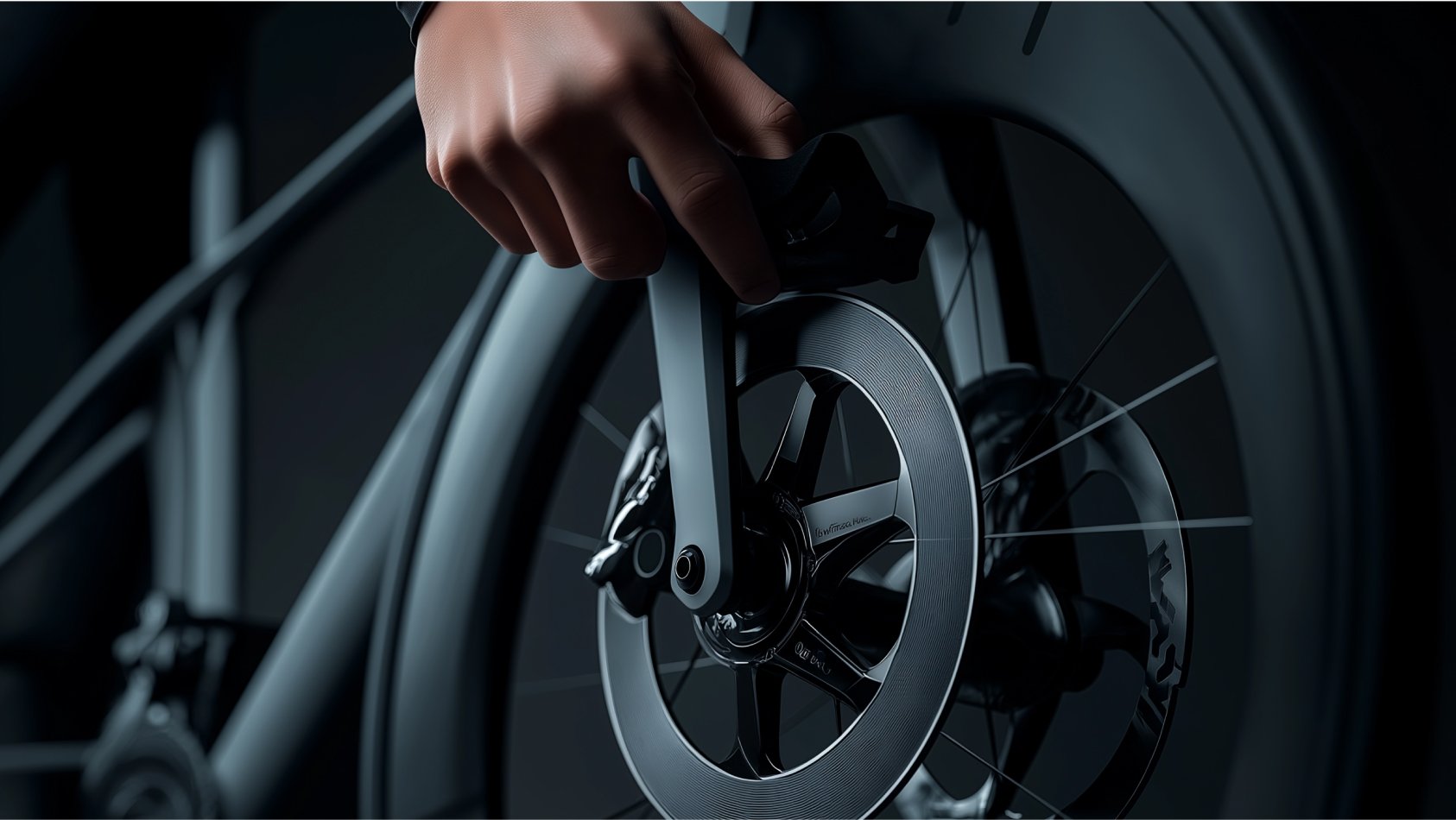 a person is holding the front wheel of a black bicycle .