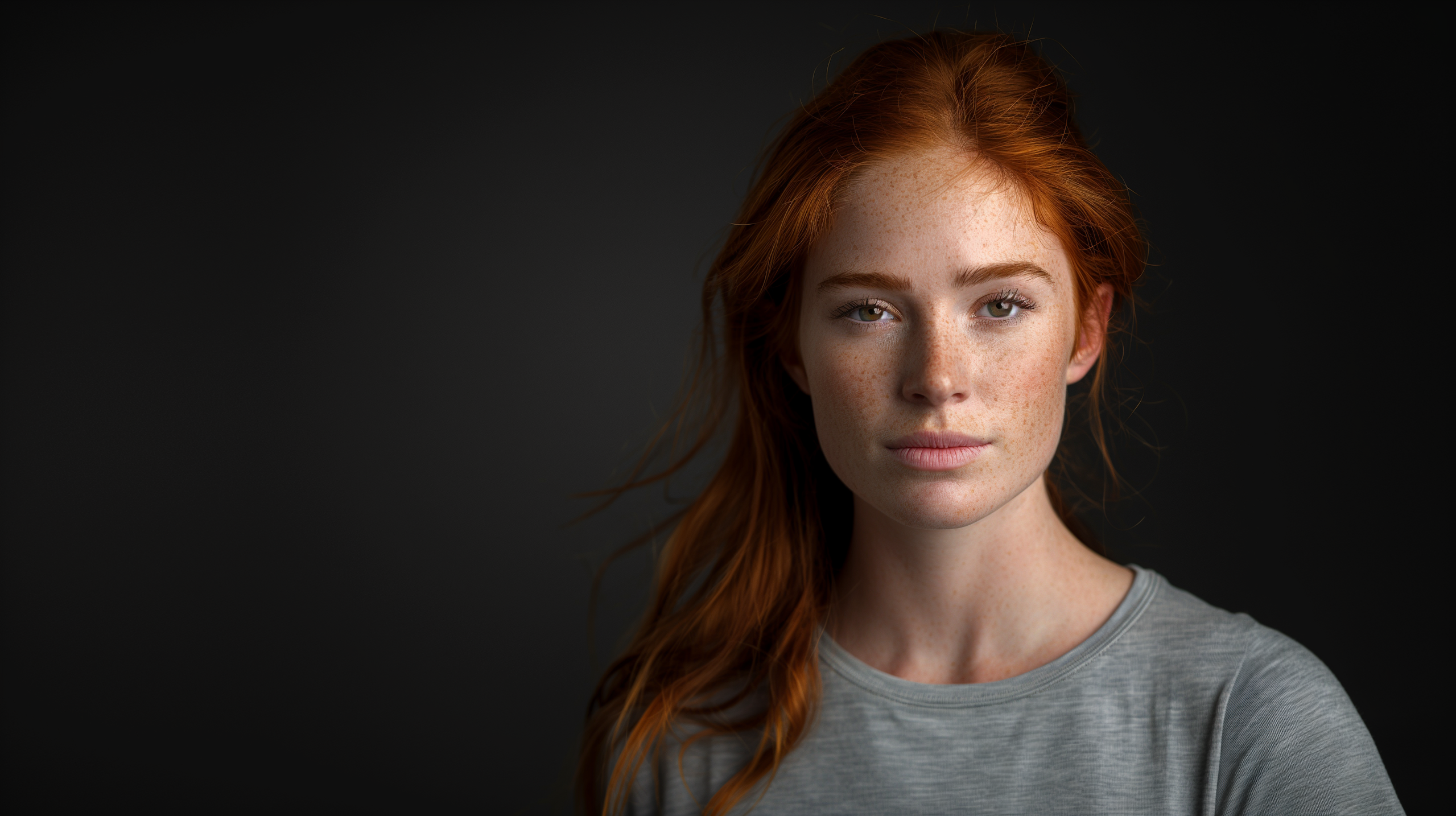 a woman with red hair and freckles is wearing a grey shirt