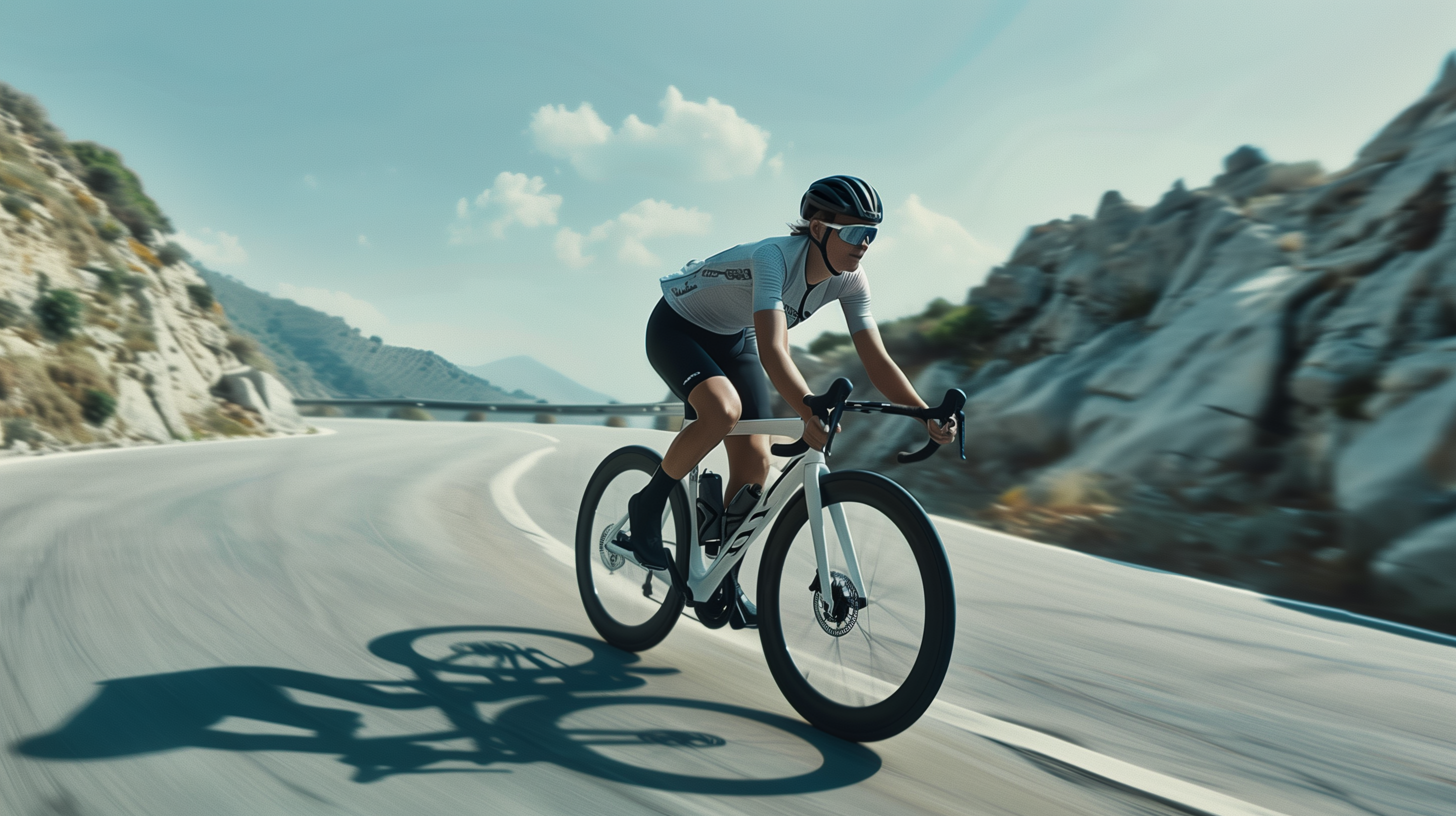 a person riding a bike on a road with mountains in the background