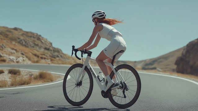 a woman is riding a bicycle down a road .