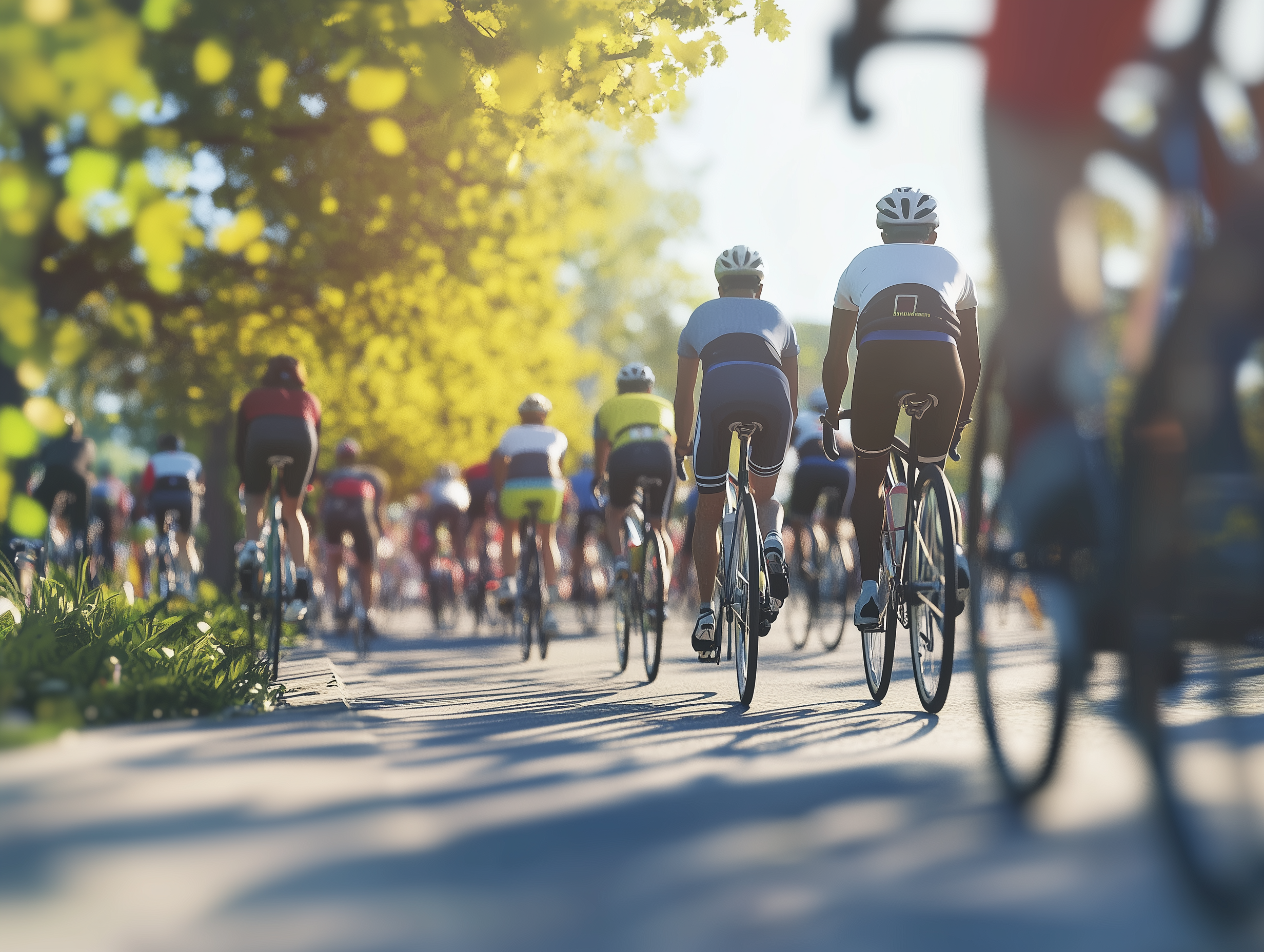 a group of cyclists are riding down a road with trees in the background