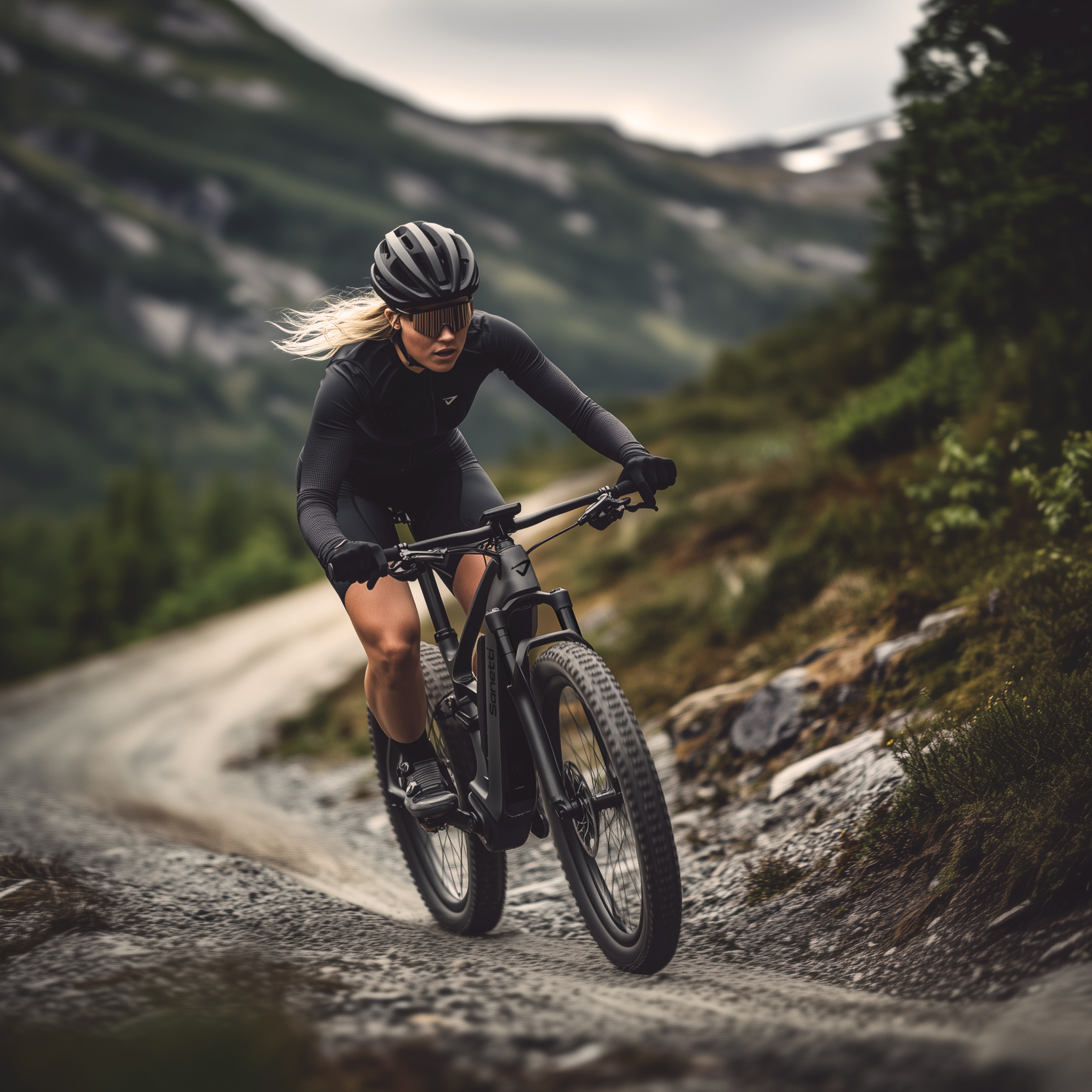 a woman wearing a helmet is riding a bike on a dirt road