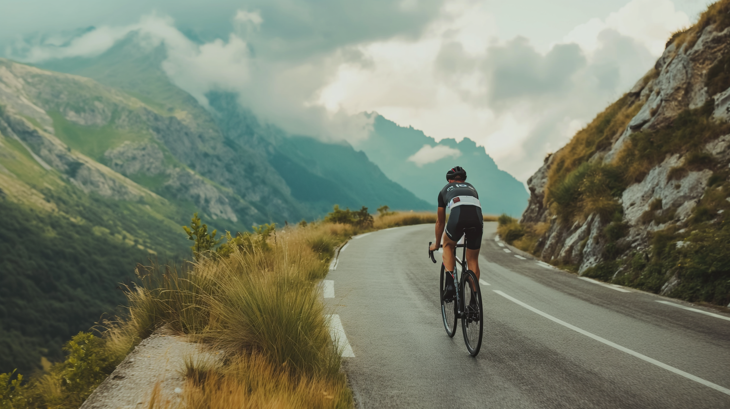 a person riding a bike down a road with mountains in the background